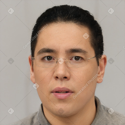 Neutral asian young-adult male with short  brown hair and brown eyes