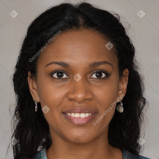 Joyful black young-adult female with medium  brown hair and brown eyes