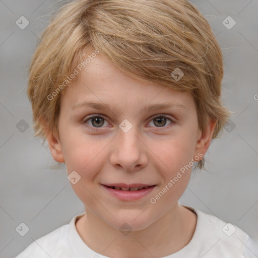 Joyful white child female with medium  brown hair and brown eyes