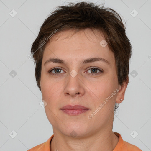 Neutral white young-adult female with short  brown hair and brown eyes