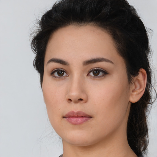Neutral asian young-adult female with long  brown hair and brown eyes