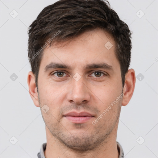 Neutral white young-adult male with short  brown hair and brown eyes