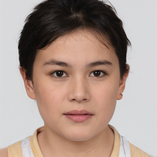 Neutral white young-adult female with short  brown hair and brown eyes