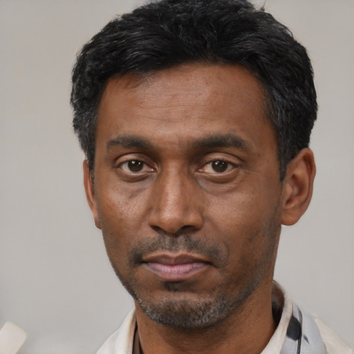 Neutral latino adult male with short  black hair and brown eyes
