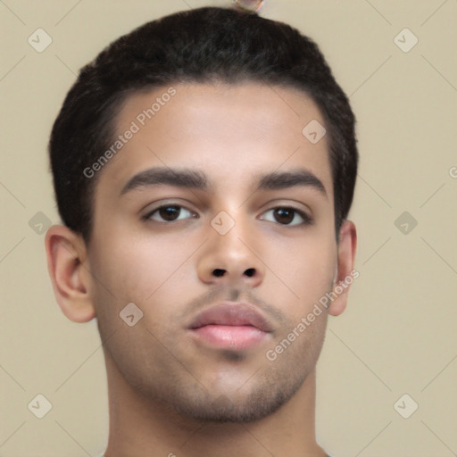 Neutral latino young-adult male with short  black hair and brown eyes