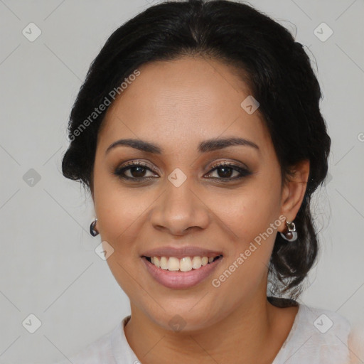 Joyful latino young-adult female with medium  black hair and brown eyes