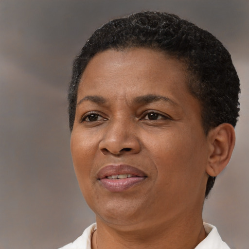 Joyful black adult female with short  brown hair and brown eyes