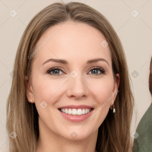 Joyful white young-adult female with long  brown hair and grey eyes