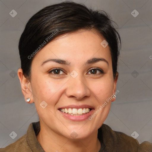 Joyful white young-adult female with medium  brown hair and brown eyes