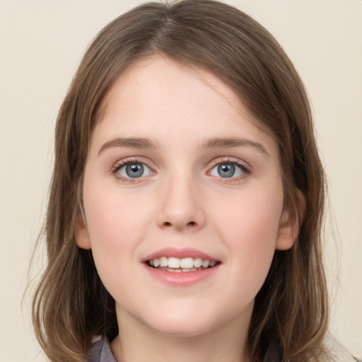 Joyful white young-adult female with medium  brown hair and green eyes