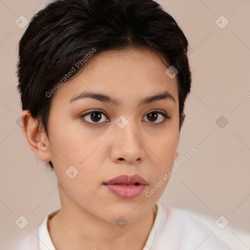 Neutral white young-adult female with short  brown hair and brown eyes