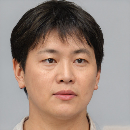 Neutral asian adult male with short  brown hair and brown eyes