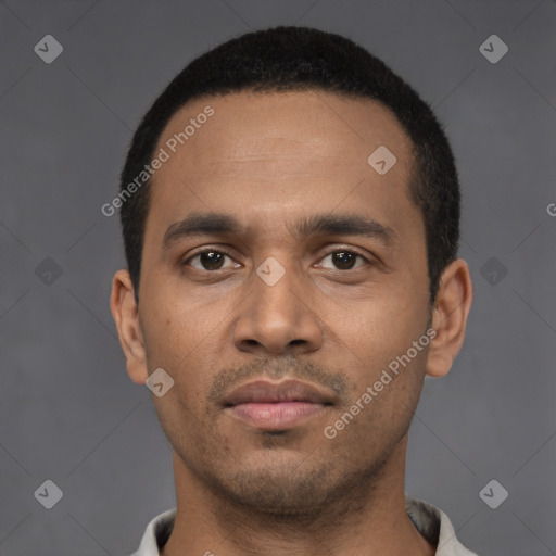 Neutral latino young-adult male with short  black hair and brown eyes