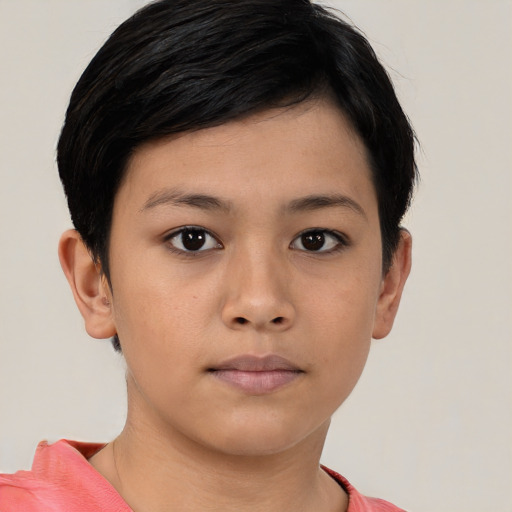 Neutral asian young-adult female with short  brown hair and brown eyes