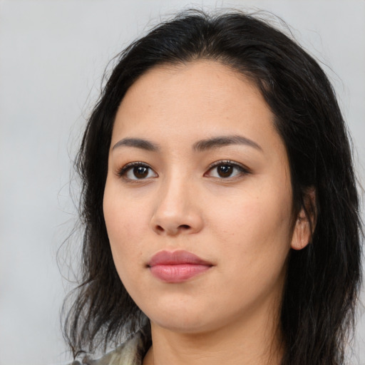 Neutral asian young-adult female with medium  black hair and brown eyes