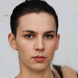 Neutral white young-adult female with short  brown hair and brown eyes