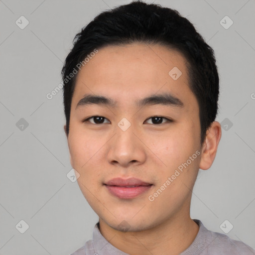 Neutral asian young-adult male with short  black hair and brown eyes