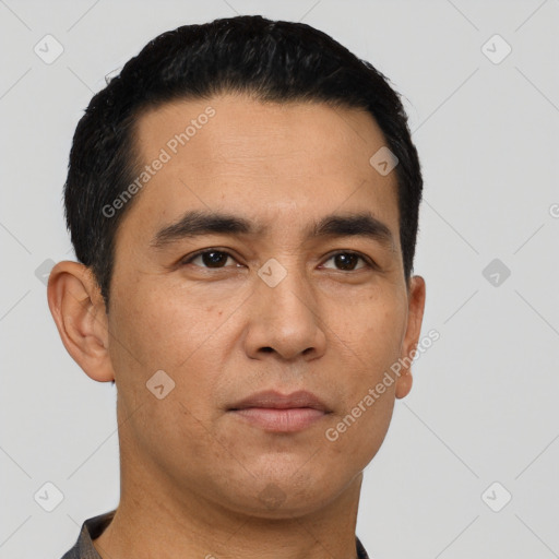 Neutral latino young-adult male with short  black hair and brown eyes