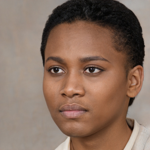 Neutral black young-adult female with short  black hair and brown eyes