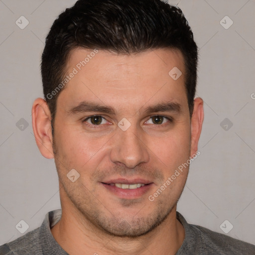 Joyful white young-adult male with short  brown hair and brown eyes