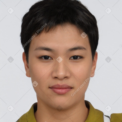 Neutral asian young-adult male with short  brown hair and brown eyes