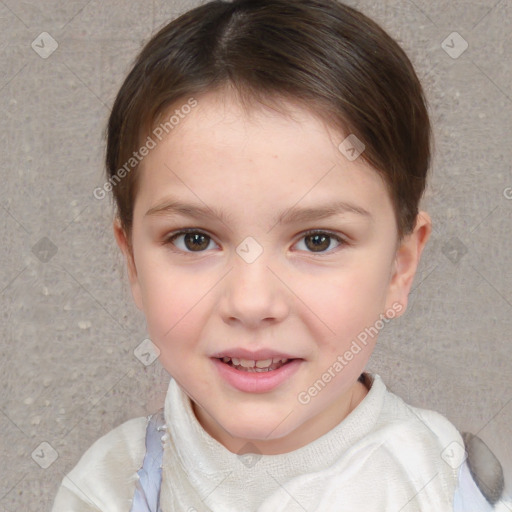 Joyful white child female with short  brown hair and brown eyes