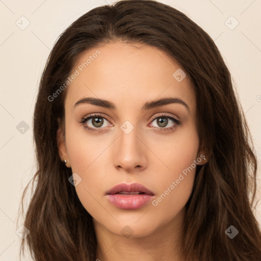 Neutral white young-adult female with long  brown hair and brown eyes