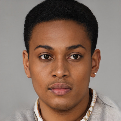 Neutral black young-adult female with short  black hair and brown eyes