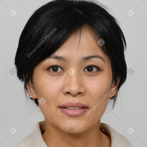 Joyful asian young-adult female with medium  brown hair and brown eyes