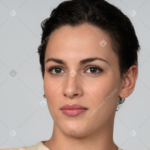 Neutral white young-adult female with short  brown hair and brown eyes