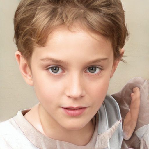 Joyful white child female with short  brown hair and grey eyes