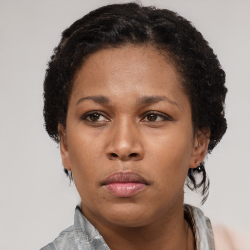 Neutral black adult female with short  black hair and brown eyes