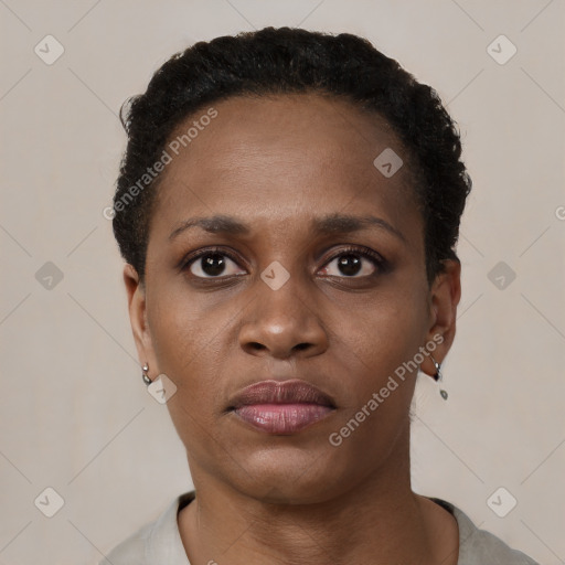 Neutral black young-adult female with short  brown hair and brown eyes