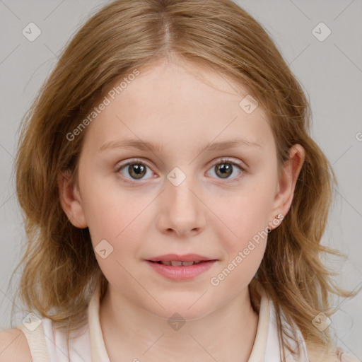 Joyful white child female with medium  brown hair and blue eyes