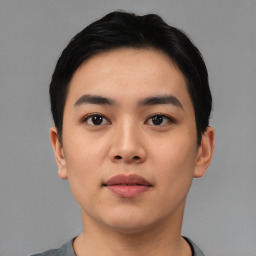 Neutral asian young-adult male with short  black hair and brown eyes