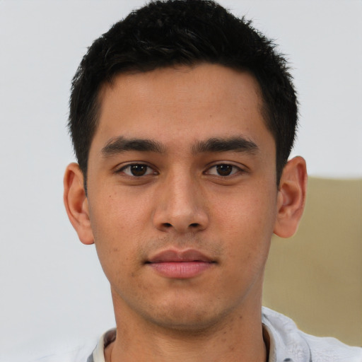 Neutral asian young-adult male with short  brown hair and brown eyes