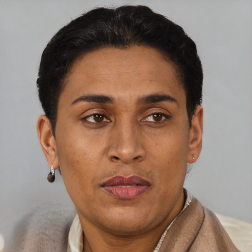 Joyful latino adult female with short  brown hair and brown eyes