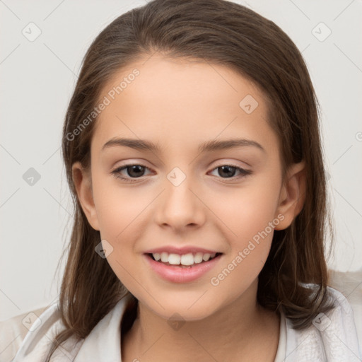 Joyful white child female with medium  brown hair and brown eyes