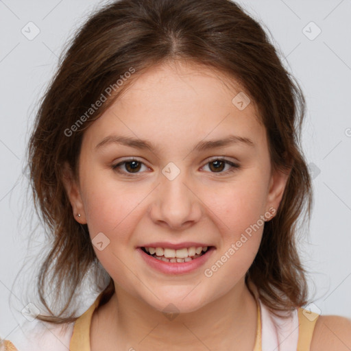 Joyful white child female with medium  brown hair and brown eyes