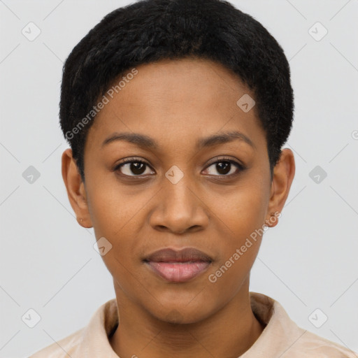 Joyful black young-adult female with short  black hair and brown eyes