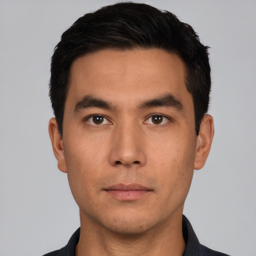 Neutral asian young-adult male with short  black hair and brown eyes