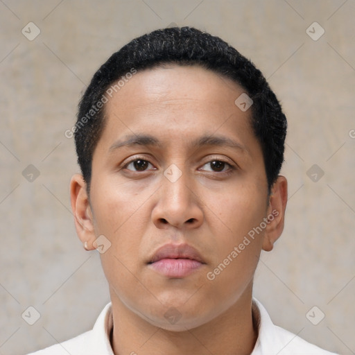 Neutral asian young-adult male with short  black hair and brown eyes