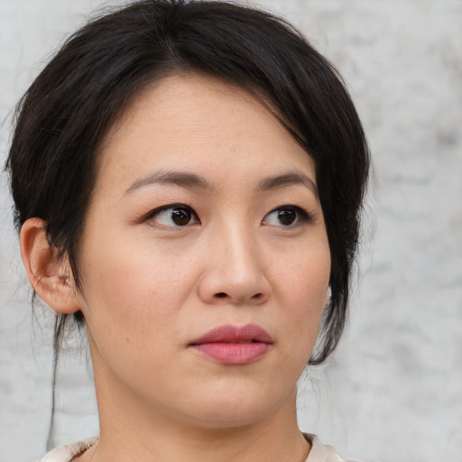 Neutral asian young-adult female with medium  brown hair and brown eyes