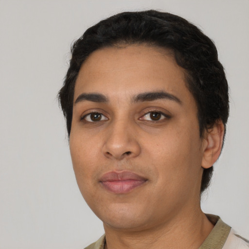 Neutral latino young-adult female with short  black hair and brown eyes