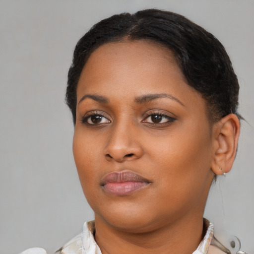 Neutral black young-adult female with short  brown hair and brown eyes