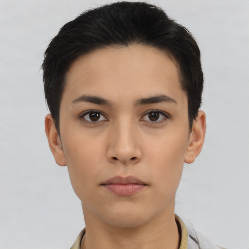 Neutral asian young-adult female with short  black hair and brown eyes