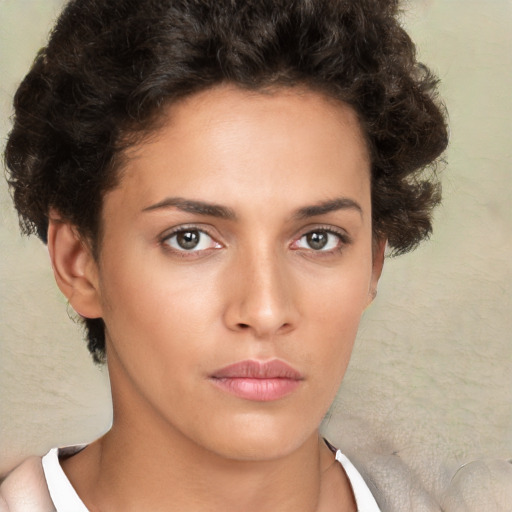 Neutral white young-adult female with short  brown hair and brown eyes