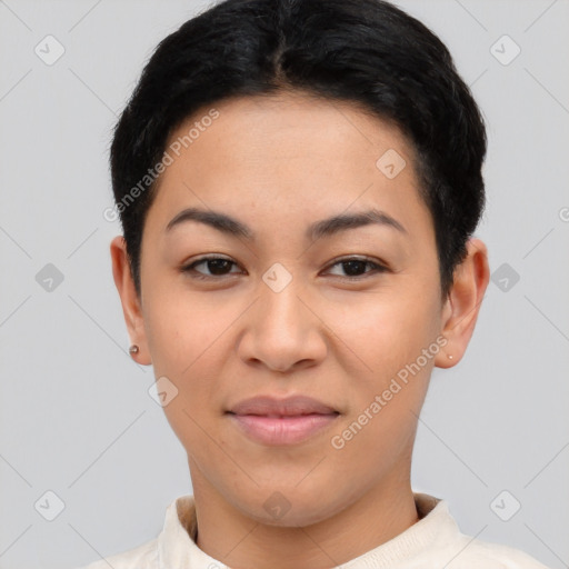 Joyful asian young-adult female with short  black hair and brown eyes