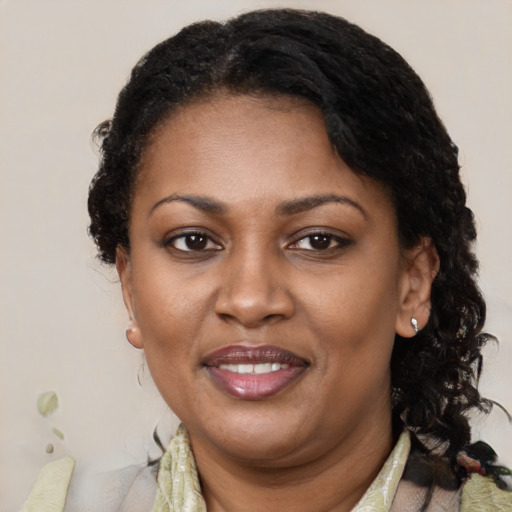 Joyful black adult female with medium  brown hair and brown eyes
