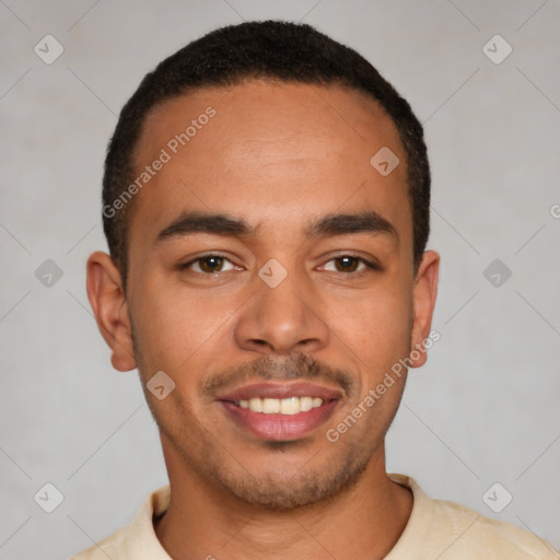 Joyful latino young-adult male with short  brown hair and brown eyes